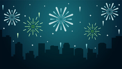 Wall Mural - New year cityscape vector illustration. City silhouette with sparkling fireworks in new year event. New year landscape for illustration, background or wallpaper. Urban firework festival