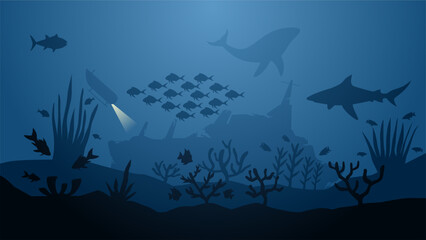 Wall Mural - Underwater seascape vector illustration. Deep seascape with shipwreck, submarine, fish and coral reef. Undersea landscape for illustration, background or wallpaper