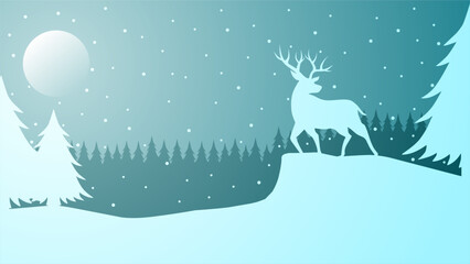 Wall Mural - Winter landscape vector illustration. Winter silhouette with deer and pine forest at the snow hill. Cold season landscape for illustration, background or wallpaper