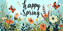 Simple Spring Background With The Inscription Text Happy Spring On It, Cartoon Style. Generative AI
