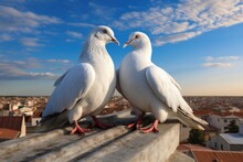 Two Loving White Doves On The Roof. Two White Pigeon