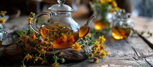 Herbal Tea Brewed In A Teapot Becomes An Herbal Drink Made From Hypericum Flowers, Known For Their Medicinal Benefits In Herbal Medicine And Homeopathy.