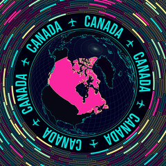 Fototapete - Canada on globe. Satellite view of the world centered on Canada. Bright neon style. Futuristic radial bricks background. Vibrant vector illustration.