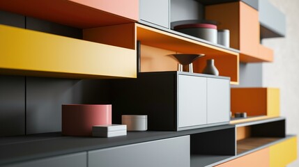 Wall Mural - A modern shelf with colorful shelves and vases. Generative AI.