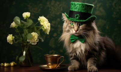 Wall Mural - A cat wearing a green hat and bow tie sitting next to a cup of tea. Generative AI.