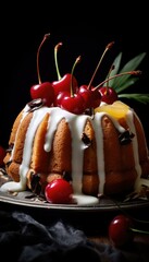 Wall Mural - A bundt cake with cherries and cream on a black background. Generative AI.