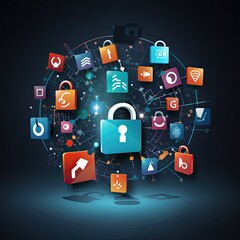 Aufkleber - Social media security, a lock around which social media application icons, a security concept, generative AI