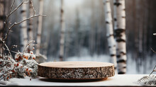 Winter Sale Podium. Rustic Wooden Stump On Snowy Forest Backdrop, Ideal For Product Display, Nature-inspired Marketing. AI Generative