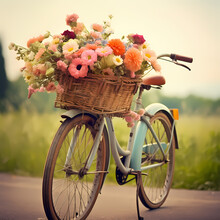 A Vintage Bicycle With A Basket Full Of Flowers In A Quaint Village.