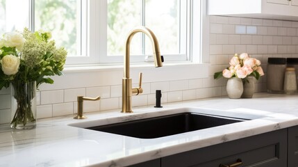 A beautiful sink in a remodeled modern farmhouse kitchen with a gold faucet, black farmhouse sink, white granite, and a tiled backsplash. No labels.