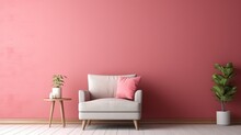 Pink And Red Armchair In Warm Living Room Interior With Pillows On Settee Against The Wall With Poster