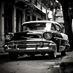 Sticker - A black and white photo of a classic car.