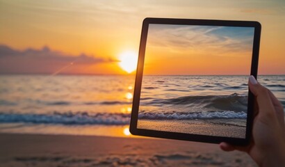 Poster - Travel planning concept, Close up of tourist woman hands making on the sea beach with sunset from AI Generative