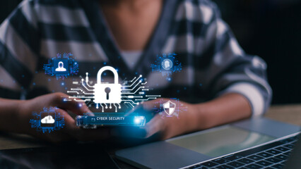 Wall Mural - Businesswomen working on smartphones computer shows padlocks protecting business with a virtual network connection. Cyber security and data protection information privacy internet technology concept.