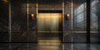 Polished metal elevator doors contrast with the dark, veined marble of an opulent lobby