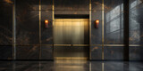 Fototapeta  - Polished metal elevator doors contrast with the dark, veined marble of an opulent lobby