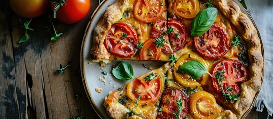 Sticker - Tomato pie on plate, seen from above.