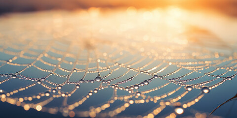 Spiderweb glistens with morning dew, reflecting the soft hues of a sunrise