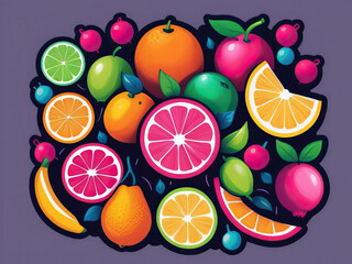 Wall Mural - Neon Glow Fruits - Colorful and vibrant illustration of bursting citrus fruits with neon glow, pop art style Gen AI