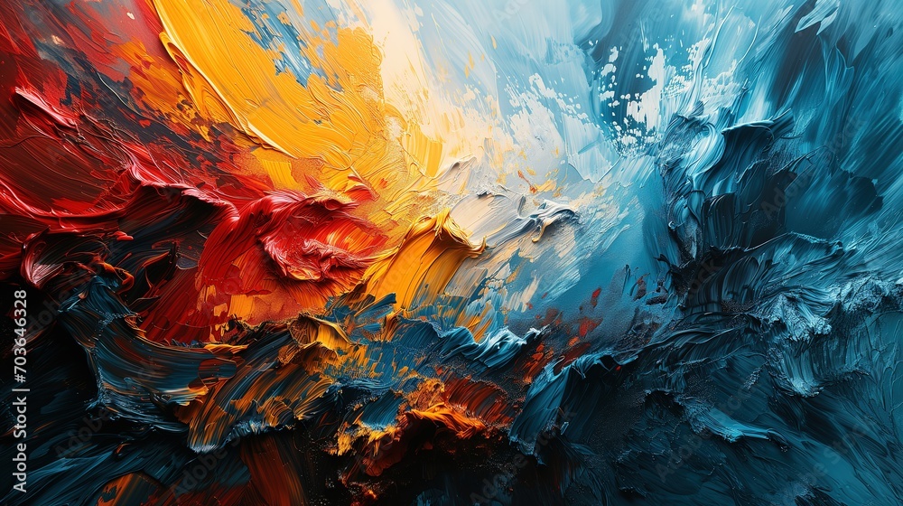 Abstract background of oil paint splashes in red, blue and yellow ...
