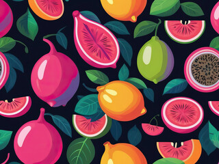 Sticker - Colorful Fruit Delight - A vibrant and stylized retro fruit poster with neon glow illustrations of passion fruit and guava Gen AI