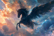 A fantastical scene with a black horse adorned with majestic wings, soaring through a dreamlike landscape with clouds and celestial elements
