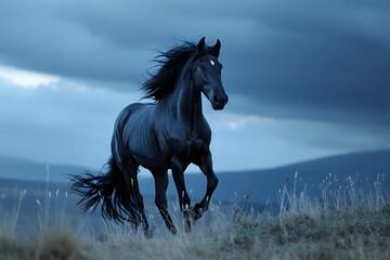 
An image of a powerful black horse galloping freely under a moonlit sky, with a mane and tail flowing in the wind