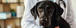 Black Labrador with professional veterinarian in vet clinic in cropped horizontal view. Pet health care, veterinary and animals concept.