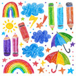 Doodle drawing by hand with colored pencils. Drawings with crayon. Colored pencils, umbrellas, weather, clouds, sun, stars, raibow. Colorful hand drawn elements.