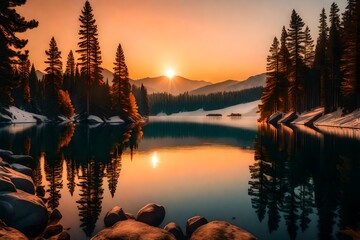 Wall Mural - vibrant sunrise over a secluded mountain range, casting warm hues on a serene alpine lake, surrounded by towering pine trees