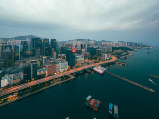 Poster - Hong Kong cityscape in magic hour from aerial view