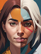 Unity and Diversity - Above-shot close up headshot portrait flat illustration of characters Sarah and Hagar, expressing unity and diversity with abstract expressionist color palette Gen AI