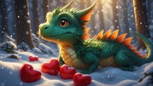 Postcard, Banner With A Dragon - The Symbol Of 2024 And Hearts. Valentine's Day, Mother's Day, Women's Day. 