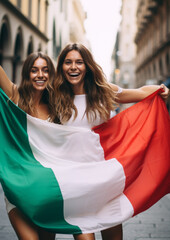 Wall Mural - Two Italian cheerful woman friends holding an Italy flag on Italian city street