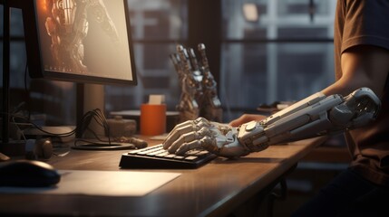 Poster - Generative AI A dedicated worker in an office environment typing on a computer, showcasing seamless integration and productivity with a prosthetic hand