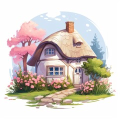 Poster - Generative AI A cute cottage with a thatched roof, nestled amidst blooming trees and a white fence