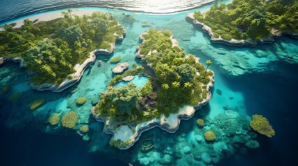 Wall Mural - Generative AI A drone's-eye view of an exotic island group featuring palm-fringed beaches, turquoise lagoons, and a mosaic of coral reefs creating breathtaking underwater scenery