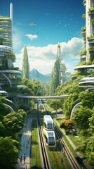 Poster - Generative AI A digitally enhanced urban landscape with towering eco-friendly structures, integrated green spaces, and advanced transportation systems powered by renewable energy sources