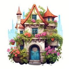 Poster - Generative AI A fairytale abode featuring a vibrant rooftop garden and quaint window boxes.