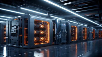 Poster - Generative AI A futuristic visualization of a render farm facility, showcasing cutting-edge technology and advanced cooling systems to support intensive rendering tasks