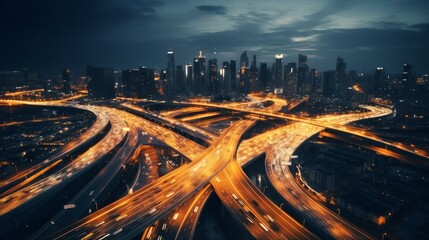 Poster - Generative AI A panoramic view of a large highway junction at night, capturing the glow of city lights and traffic streams.