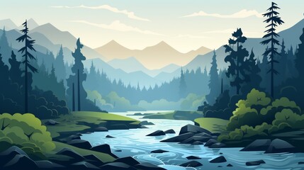Poster - Generative AI A serene river winding through a dense, foggy forest.