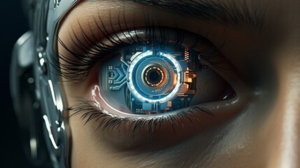 Leinwandbilder - Generative AI An artistic portrayal of a person with a bionic eye, highlighting augmented vision and the integration of advanced technological features.