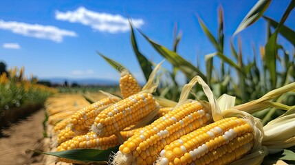 Poster - Ripe corn cobs on corn field background, corn sale concept, Generative AI