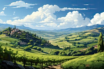 Poster - Beautiful landscape of Vineyards in European region in summer season comeliness, Beautiful vineyards with blue sky and old house. Generative AI