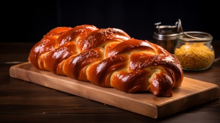 Poster - Generative AI Braided challah bread with a glossy finish, beautifully displayed on a wooden cutting board