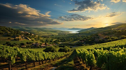 Poster - Beautiful landscape of Vineyards in European region in summer season comeliness, Beautiful vineyards with blue sky and old house. Generative AI