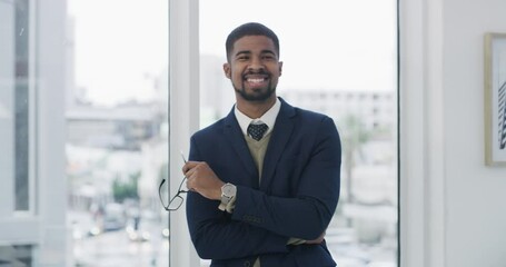 Poster - Smile, crossed arms and face of businessman in the office with glasses for vision in a classy suit. Happy, portrait and young male lawyer with positive, good and confident attitude in workplace.