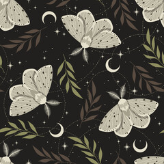 Wall Mural - magic celestial seamless pattern with moths. boho magic background with space elements stars. vector