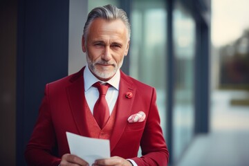 Poster - Portrait of a handsome senior man in a red suit holding a business card